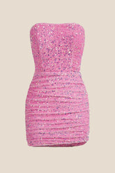 Strapless Pink Bodycon Sequin Short Dress
