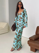 Elorie Long Sleeve Maxi Dress Blue / Brown