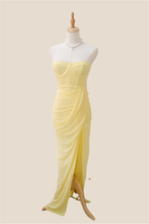 Strapless Light Yellow Ruched Long Dress with Slit