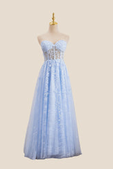 Strapless Light Blue Lace Appliques Long Dress