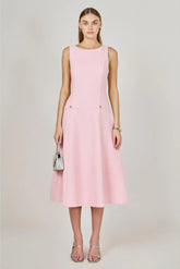Princess High Neck Tweed Midi Dress - Pink
