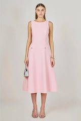 Princess High Neck Tweed Midi Dress - Pink
