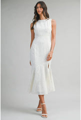 Whitney Beaded Sequin Mermaid Hem Midi Dress - White