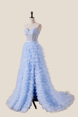 Light Blue Appliques A-line Tiered Ruffles Formal Gown