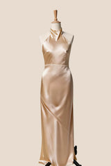 High Neck Pink Satin Fitted Long Bridesmaid Dress