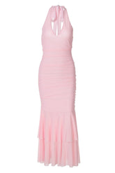 Halter Plunge Pink Fitted Ruffle Dress