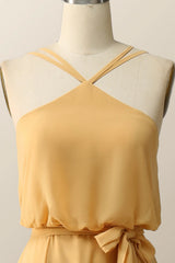 Halter Straps Yellow Chiffon Long Bridesmaid Dress