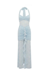 Light Blue Lace Halter Fitted Long Dress