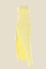 Strapless Navy Blue Pleated Long Dress with Slit
