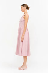 Darlene Polka Dot Linen Midi Dress - Pink