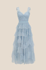 V-neck Pink Ruffle Tiered A-line Long Dress