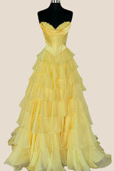Strapless Yellow Tiered Chiffon Long Dress with Slit