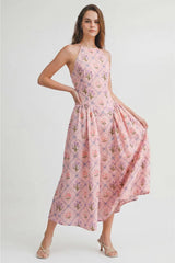 Fiona Floral Jaquard Halter Midi Dress - Pink