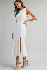 Whitney Beaded Sequin Mermaid Hem Midi Dress - White