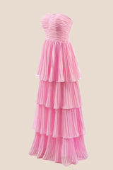 Yellow Chiffon Pleated A-line Tiered Maxi Dress