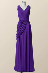 V Neck Purple Pleated Chiffon A-line Bridesmaid Dress
