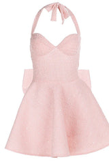 Halter Pink A-line Short Dress with Bow