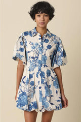 Bonnie Florals Collared Button Up Puff Sleeve Mini Dress - Royal Blue