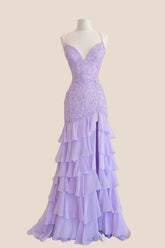 Lavender Appliques Ruffle Mermaid Long Prom Dress