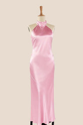 High Neck Pink Satin Fitted Long Bridesmaid Dress
