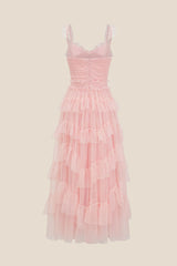 V-neck Pink Ruffle Tiered A-line Long Dress