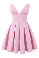 V-neck Pink Pleated Short Party Dress