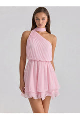 PRE-ORDER Only! (ETA May 15th) Cindy Pleated One Shoulder Mini Dress - Pink