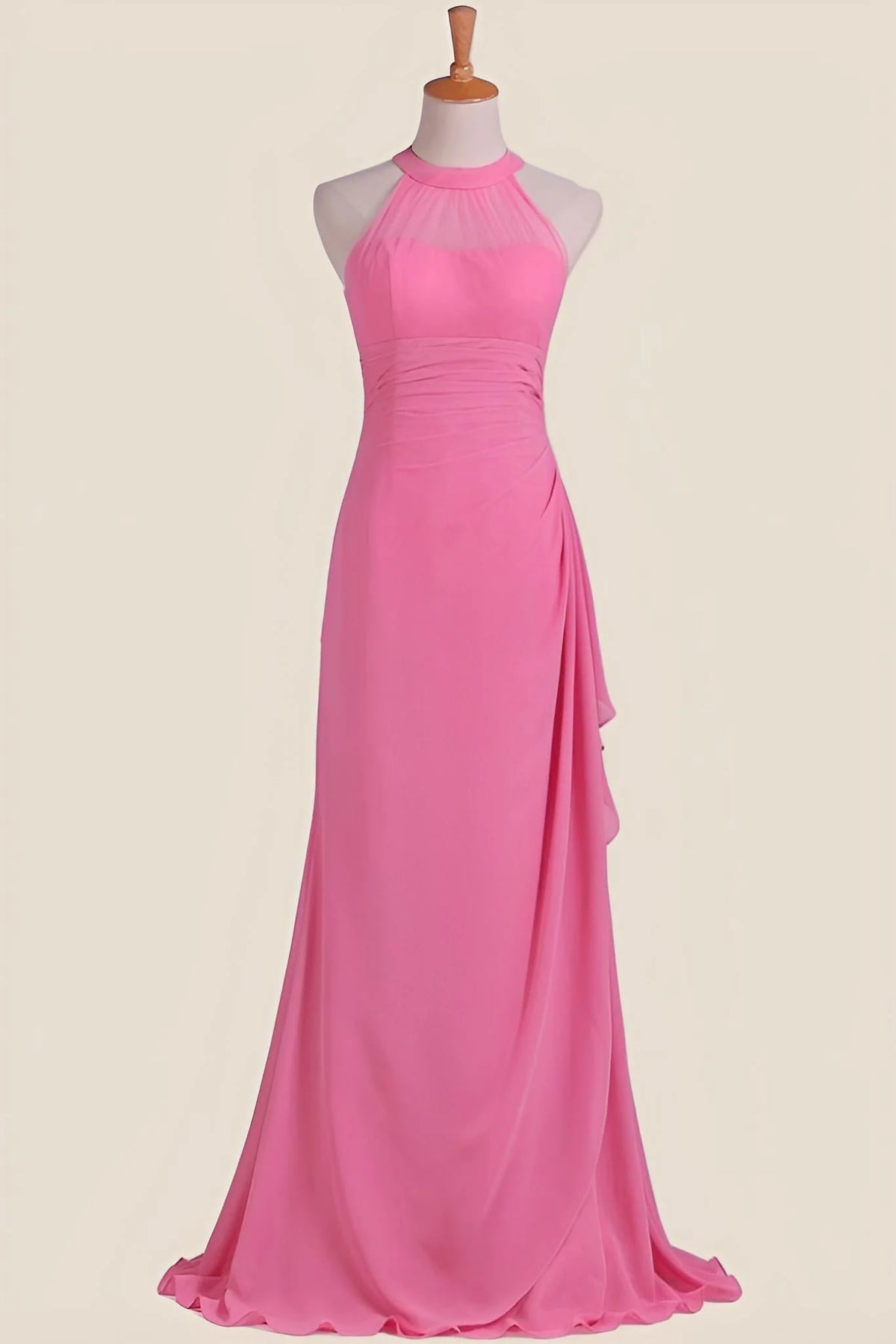 Hot Pink Halter Chiffon Draped Long Dress