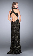 La Femme Lace Open Back Prom Dress