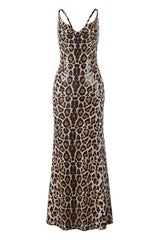 Leopard Sequin Cowl Neck Fitted Long Dress