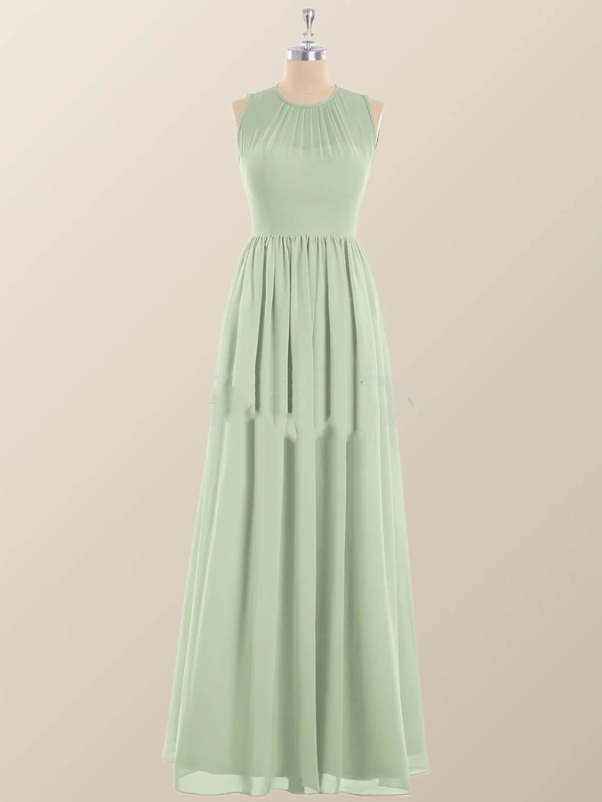 Jewel Neck Sage Green Chiffon Long Bridesmaid Dress