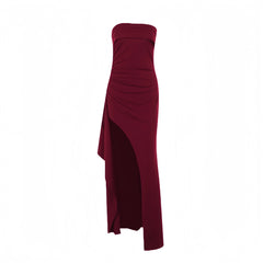 Strapless Burgundy Pleated Long Dress with Slit