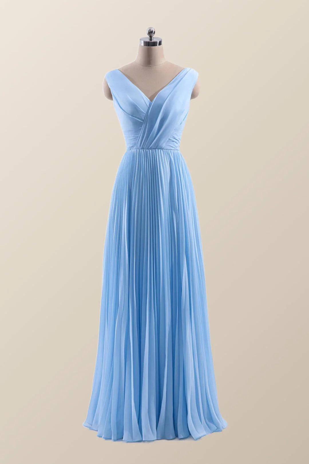 V Neck Blue Chiffon A-line Long Bridesmaid Dress
