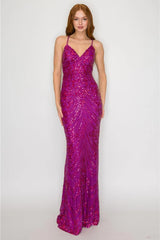 Maxine Sequin Lace Up Back Gown - Magenta