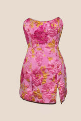 Strapless Light Blue Floral Short Dress with Silt