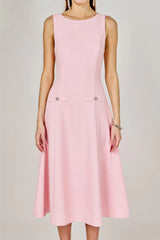 Princess High Neck Tweed Midi Dress - Pink