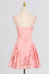 V-neck Pink Hollow A-line Short Dress