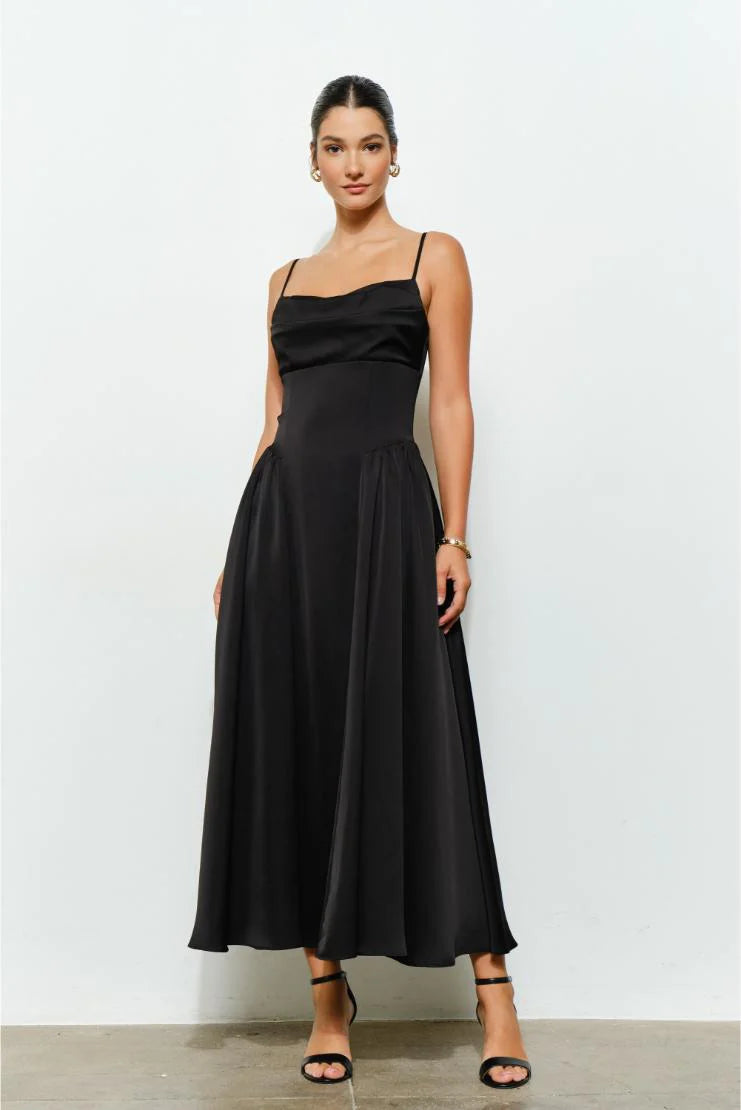 Jessie Satin A-Line Midi Dress - Black