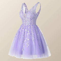 V Neck Lavender Appliques A-line Short Homecoming Dress