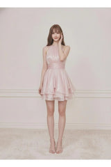 PRE-ORDER Only! (ETA May 15th)  Selena Shimmer Halter Neck Ruffle Mini Dress - Pink
