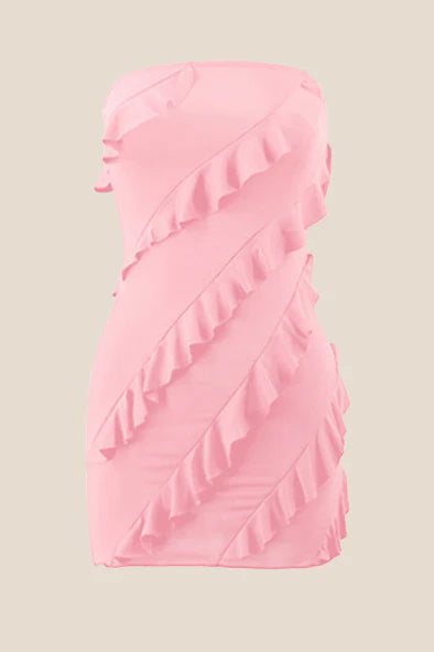 Strapless Pink Ruffled Bodycon Short Dress