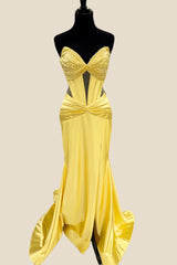 Strapless Yellow Beaded Long Dress with Slit