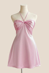 Halter Pink Back Tie A-line Short Dress