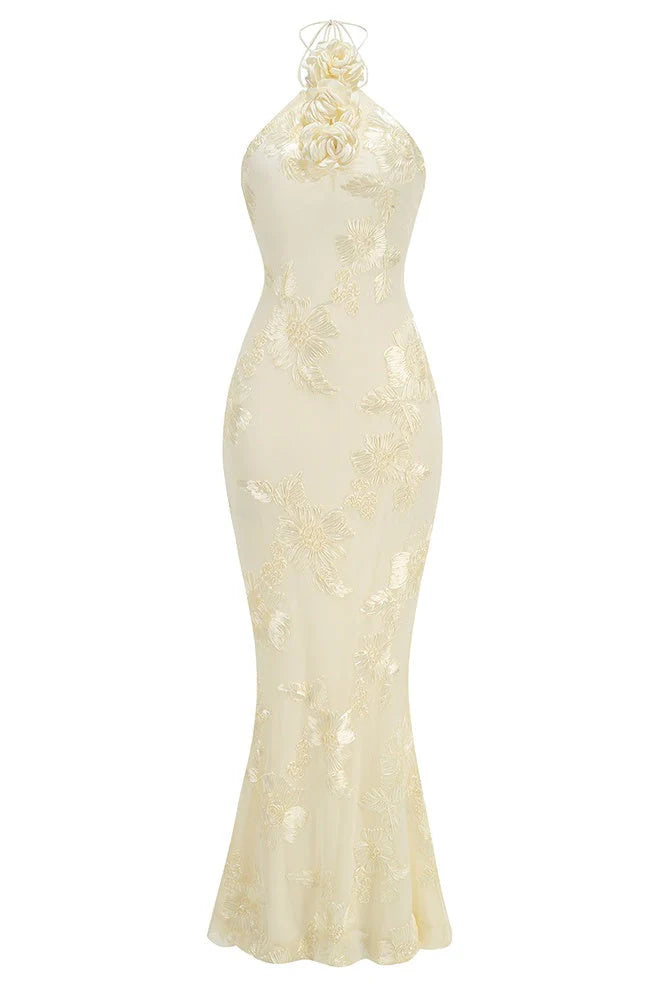 Yellow Halter 3D Flower Mermaid Dresss