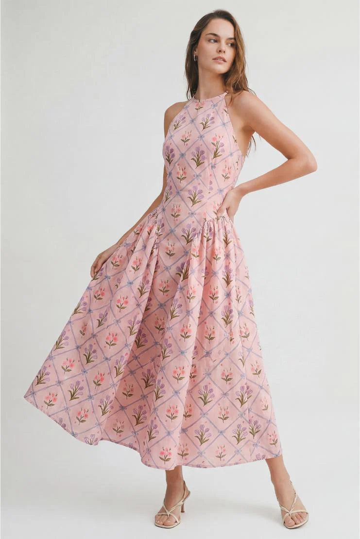 Fiona Floral Jaquard Halter Midi Dress - Pink