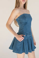 Strapless Denim Pleated Mini Dress