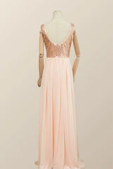 V Neck Rose Gold Sequin and Chiffon Long Bridesmaid Dress