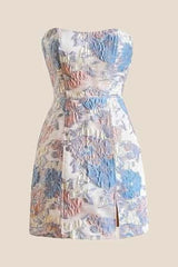Strapless Pink Floral Short Dress with Silt